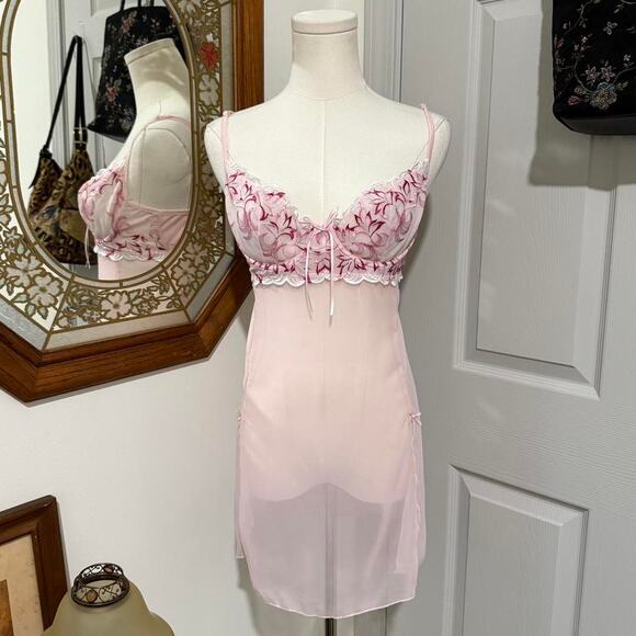 Fantasy Lingerie Soft Pink Floral Embroidered Sheer Mesh Coquette Bow Slip M/S - Picture 1 of 8
